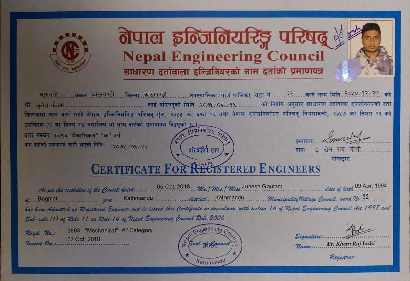 Certificate For Registered Engineers