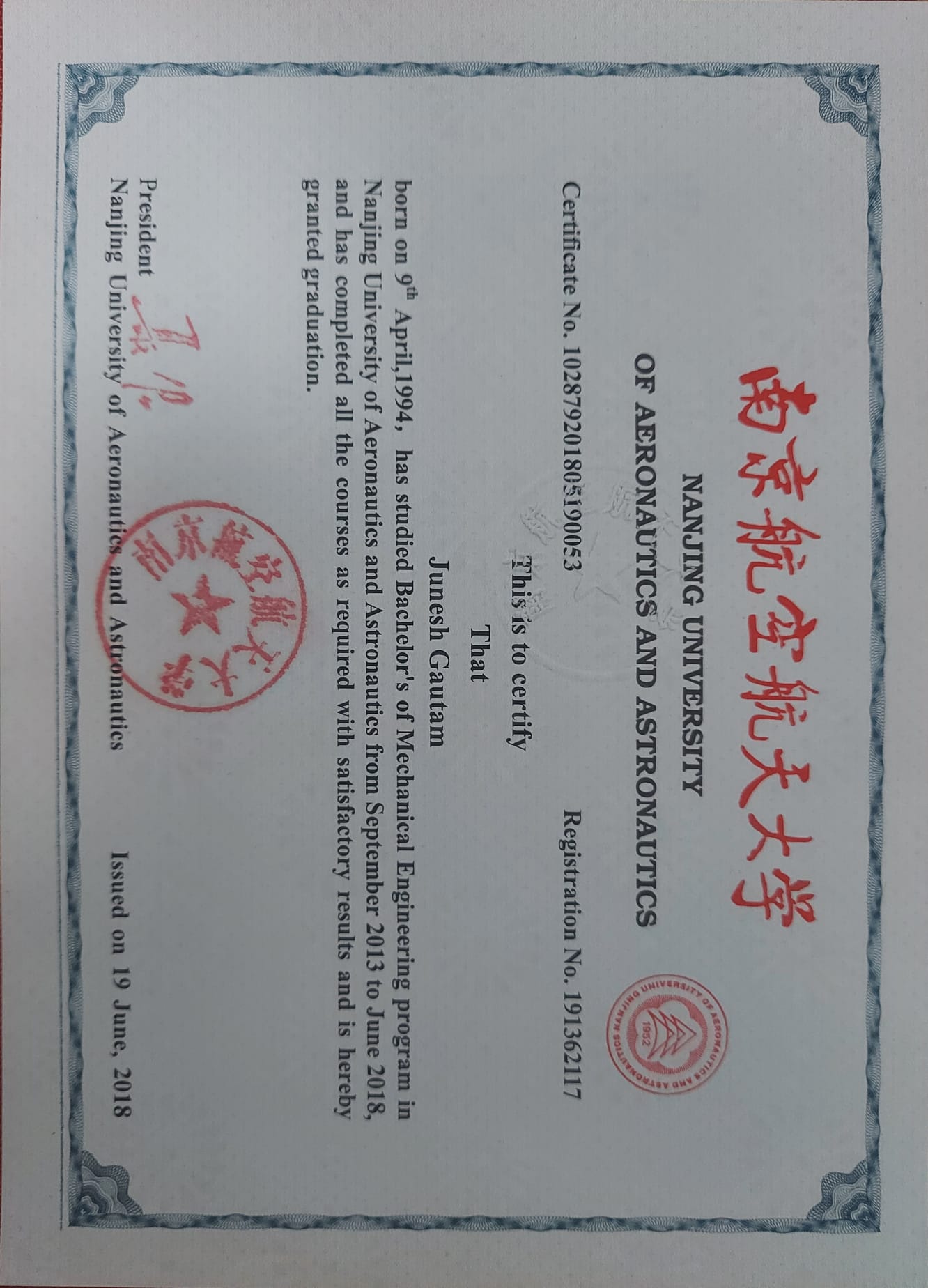Certificate of Bachelor's Degree